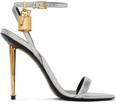 Tom Ford Silver Padlock Pointy Naked Heeled Sandals In Gray