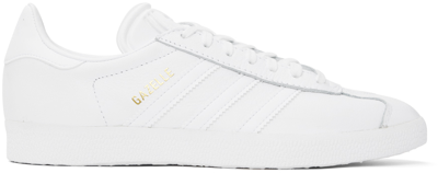 Adidas Originals Gazelle Leather Sneakers In White/ White/ Gold Metallic