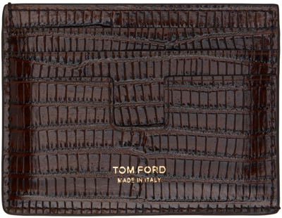 Tom Ford Brown Croc-embossed Tf Card Holder In Chocolate Brown