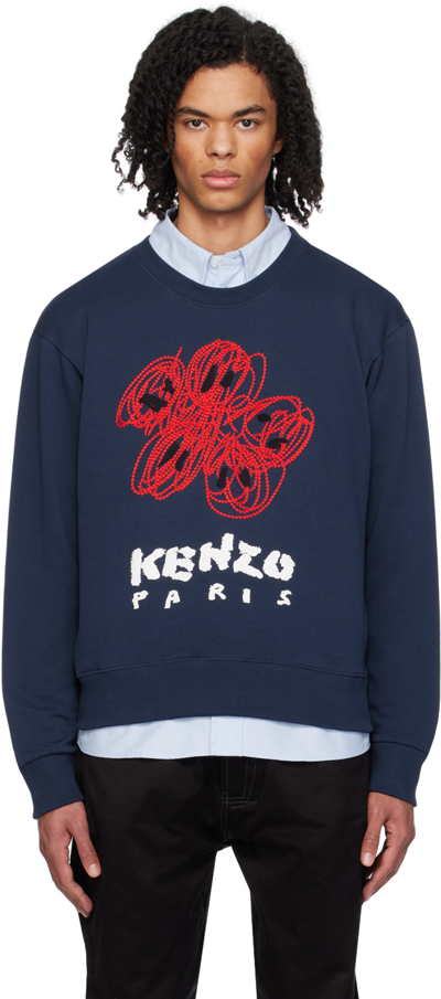 Kenzo Varsity Drawn Floral-embroidered Sweatshirt In Blue