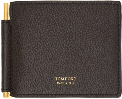 Tom Ford Brown Soft Grain Leather Money Clip Wallet In Black