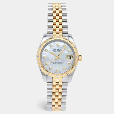 Pre-owned Rolex Mother Of Pearl Diamond 18k Yellow Gold Stainless Steel Datejust 178343 Women's Wristwatch 31 Mm In Silver