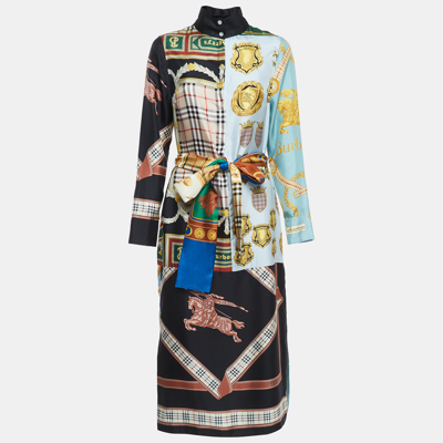 Pre-owned Burberry Multicolor Printed Silk Belted Shirt Dress S