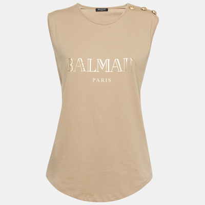 Pre-owned Balmain Beige Logo Print Cotton Button Detail Tank Top M