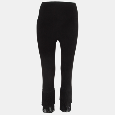 Pre-owned Norma Kamali Black Stretch Knit Fringed Hem Crop Leggings M