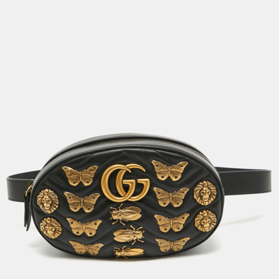 Pre-owned Gucci Black Matelassé Leather Gg Marmont Animal Stud Belt Bag