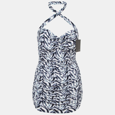 Pre-owned Norma Kamali White/blue Chevron Zebra Print Jersey Halter Slinky Marissa Swimsuit Xl