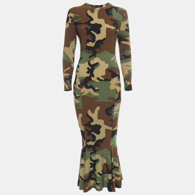 Pre-owned Norma Kamali Green Camouflage Jersey Fishtail Midi Dress S