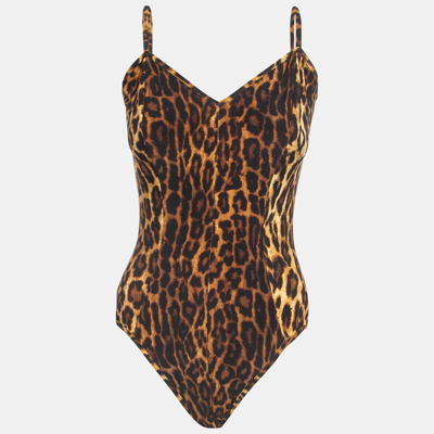 Pre-owned Norma Kamali Beige Leopard Print Strappy Wonderwoman Mio Swimsuit Xl