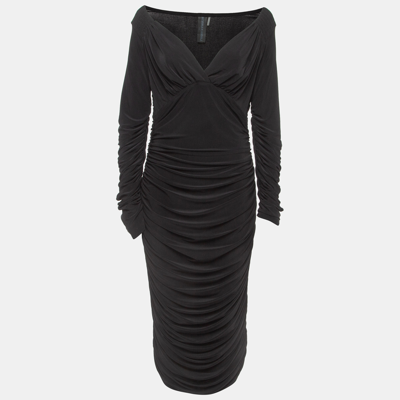 Pre-owned Norma Kamali Black Draped Jersey Long Sleeve Tara Midi Dress L