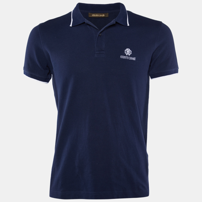 Pre-owned Roberto Cavalli Navy Blue Logo Embroidered Cotton Polo T-shirt L