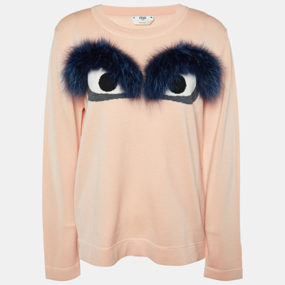 Pre-owned Fendi Light Orange Wool Fox Fur Bug Eye Sweater L