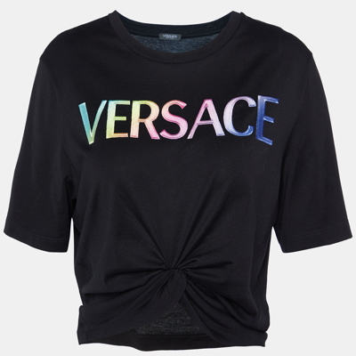 Pre-owned Versace Black Logo Embroidered Cotton Twisted Hem Crop T-shirt S