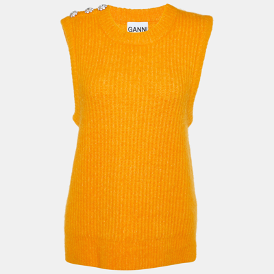 Pre-owned Ganni Orange Wool Blend Crystals Button Detail Jumper Waistcoat M