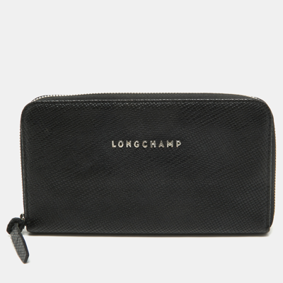 Pre-owned Longchamp Black Textured Leather Zip Around Wallet