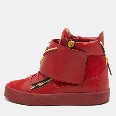 Pre-owned Giuseppe Zanotti Red Suede And Leather Double Zip High Top Trainers Size 36