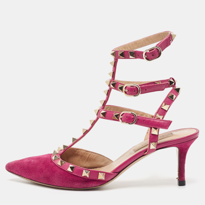 Pre-owned Valentino Garavani Pink Suede Rockstud Ankle Strap Pumps Size 36