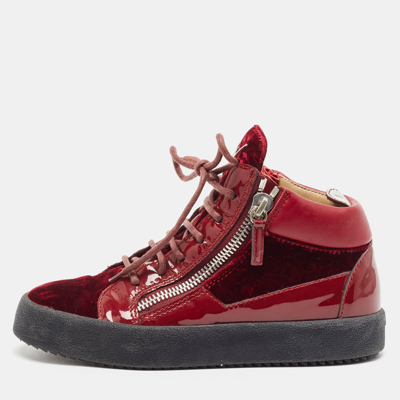 Pre-owned Giuseppe Zanotti Burgundy Velvet And Patent Frankie High Top Sneakers Size 37