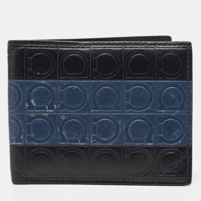 Pre-owned Ferragamo Black/blue Logo Embossed Leather Bifold Wallet