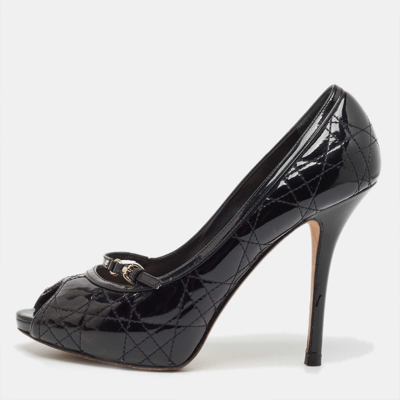 Pre-owned Dior Black Cannage Patent Leather Peep Toe Platform Pumps Size 40