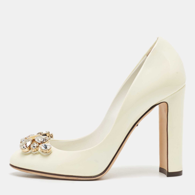 Pre-owned Dolce & Gabbana Cream Patent Crystal Embellished Pumps Size 36