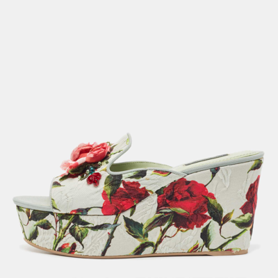Pre-owned Dolce & Gabbana Light Green Rose Print Canvas Embellished Flower Applique Wedge Slide Sandals Size 39
