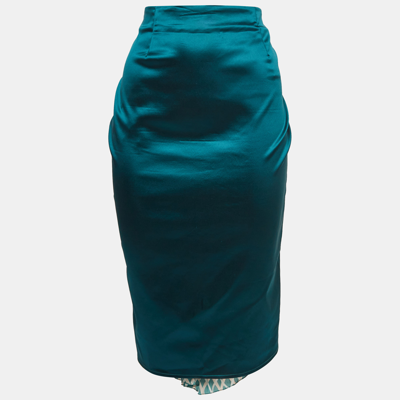 Pre-owned Elisabetta Franchi Green Satin Pleated Crepe Detail Midi Skirt M