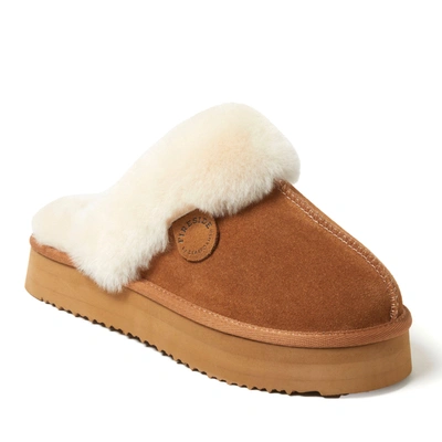 Dearfoams Fireside By Dear Foams Women's Melton Genuine Shearling Platform Scuff Slipper In Brown