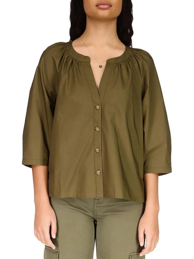Sanctuary Womens Poplin Crinkled Button-down Top In Green