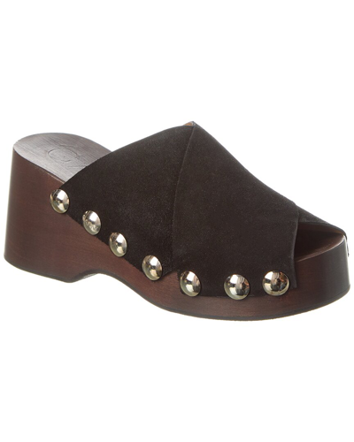 Ganni Retro Peep Toe Suede Clog In Black