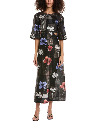Ganni Floral-print Linen And Silk-blend Midi Dress In Black
