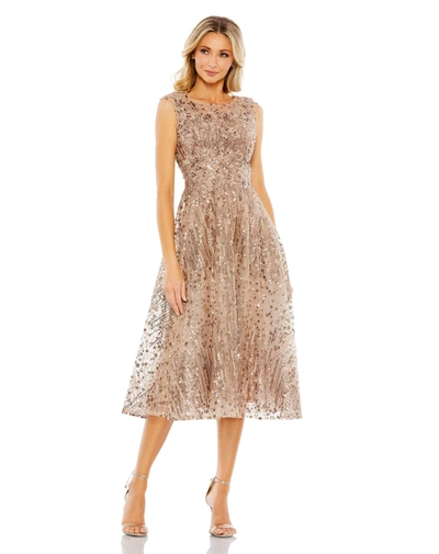 MAC DUGGAL GOLD SEQUINED CAP SLEEVE FIT AND FLARE DRESS
