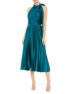 Mac Duggal Pleated High Neck Kitten Bow Midi Dress In Teal