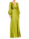 Mac Duggal Charmeuse Bishop Sleeve V Neck Gown In Apple Green