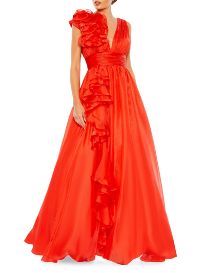 Mac Duggal Women's Satin Plunge Ruffled A-line Gown In Cherry