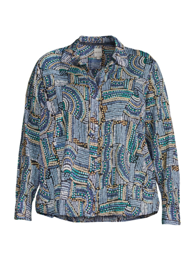 Nic + Zoe, Plus Size Women's Mosaic-print Crinkled Shirt In Blue Multi