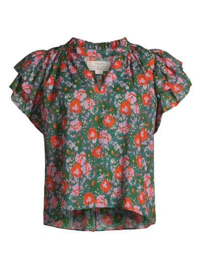 Birds Of Paradis Women's Clover Floral Short-sleeve Blouse In Orange Multi