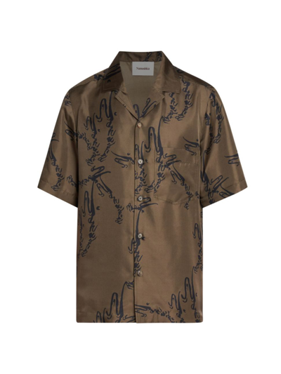 Nanushka Men's Bodil Calligraphy Silk Button-front Shirt In Brown