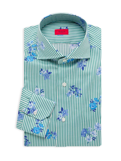 Isaia Men's Mix Striped Floral Dress Shirt In Green Floral Stripe