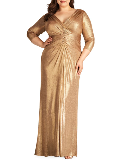 Tadashi Shoji Plus Size Metallic Twist-front Column Gown In Gold Dust
