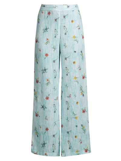 120% Lino Women's Linen Floral Wide-leg Pants In Botanical Stripe