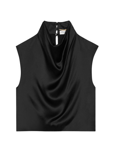 Saint Laurent Cowl-neck Crop Top In Satin In Black