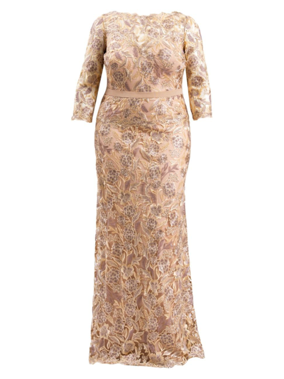 Tadashi Shoji Plus Size Floral-embroidered Column Gown In Pebble