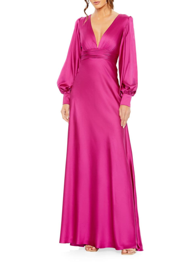 Mac Duggal Charmeuse Bishop Sleeve V Neck Gown In Magenta