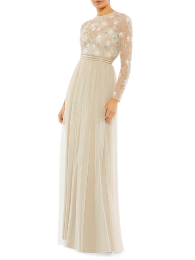 Mac Duggal Beaded Floral Lace Long Sleeve A-line Gown In Vanilla