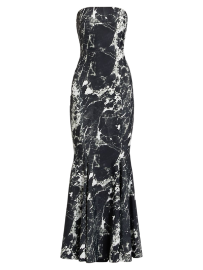 Norma Kamali Women's Marble Strapless Fishtail Gown In Black Marble