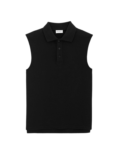 Saint Laurent Cassandre-embroidered Sleeveless Polo Shirt In Black