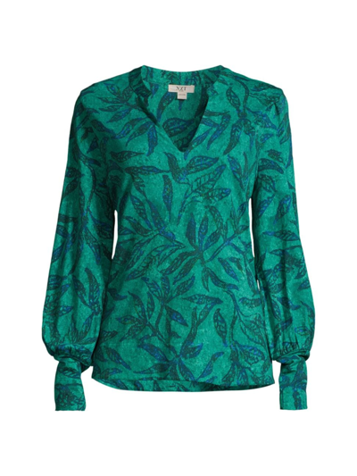 Nic + Zoe Women's Long-sleeve Fern-print Split Neck Top In Green Multi
