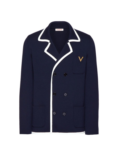 Valentino Men's Double Breasted Wool Jacket With Metallic V Detail In Navy/ivory