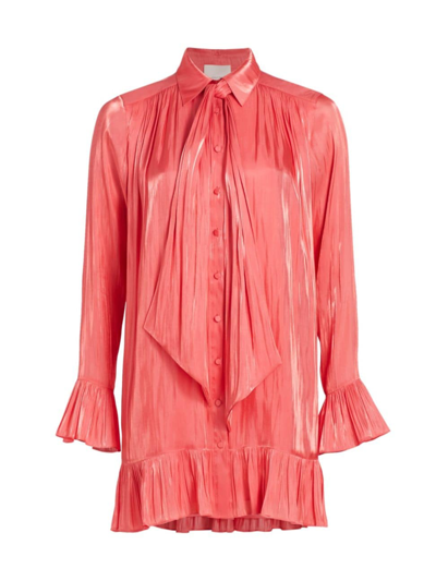 Cinq À Sept Iva Metallic Tie Neck Long Sleeve Shirtdress In Ardent Coral